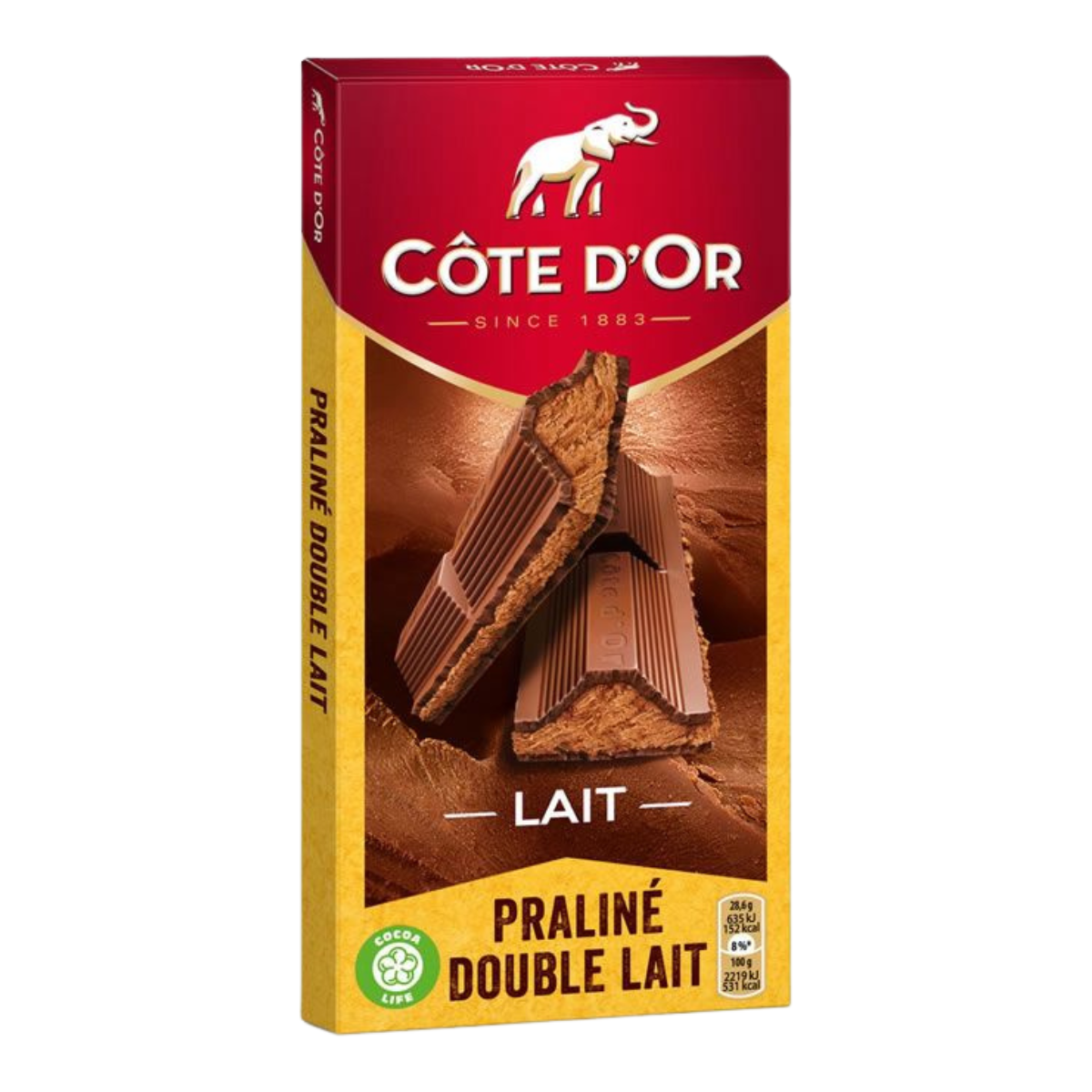 PALETTE COTE D'OR CHOCOLAT AU LAIT FOURRE PRALINE ET DOUBLE LAIT 200G